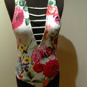 Floral deep v cut out body suit
